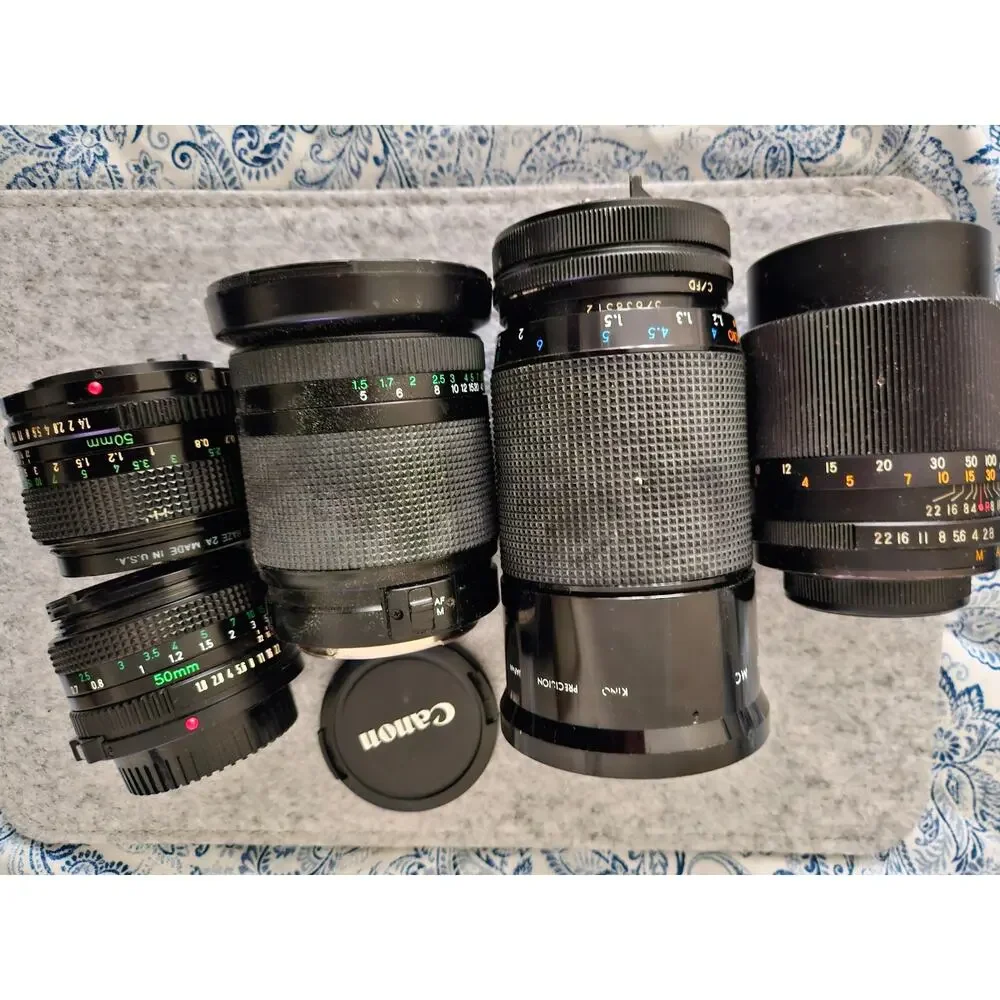 Vintage Camera Lens Lot of 5 Canon FD 50mm f/1.4, FD 50mm f/1.8, Suntar, Phoenix